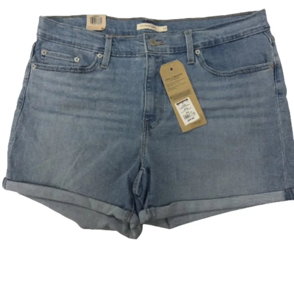 Levis Mid Length Classic Denim Shorts Womens 33 Hyper Soft Blue Jeans NEW